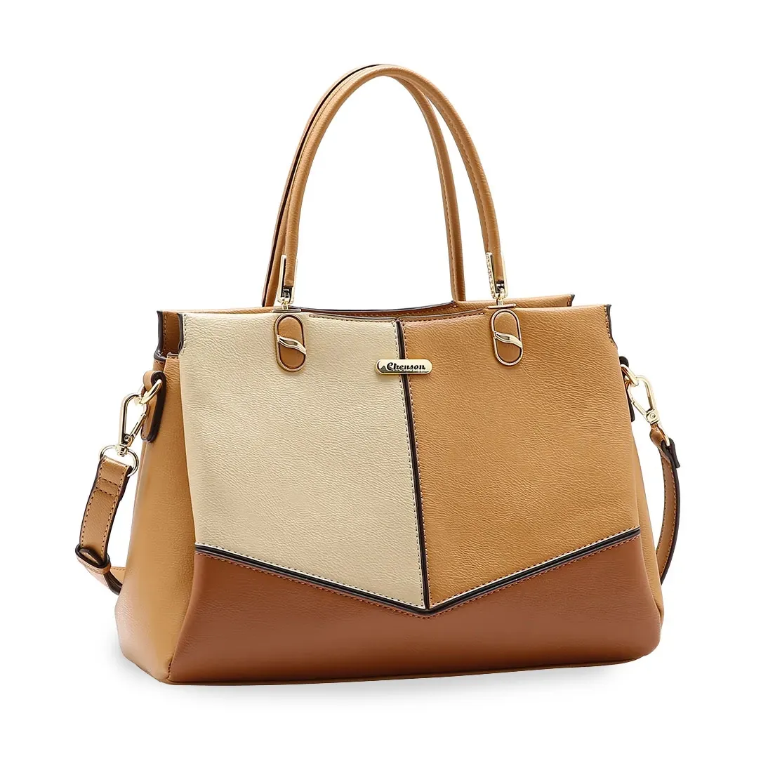Bolsa feminina Chenson Patchwork Clássico caramelo com detalhes em bege e marrom, vista frontal em ângulo